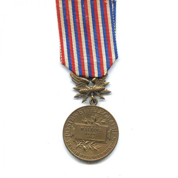 Posts and Telegraphs Medal of Merit bronze embossed naming to Jean malrois... 2